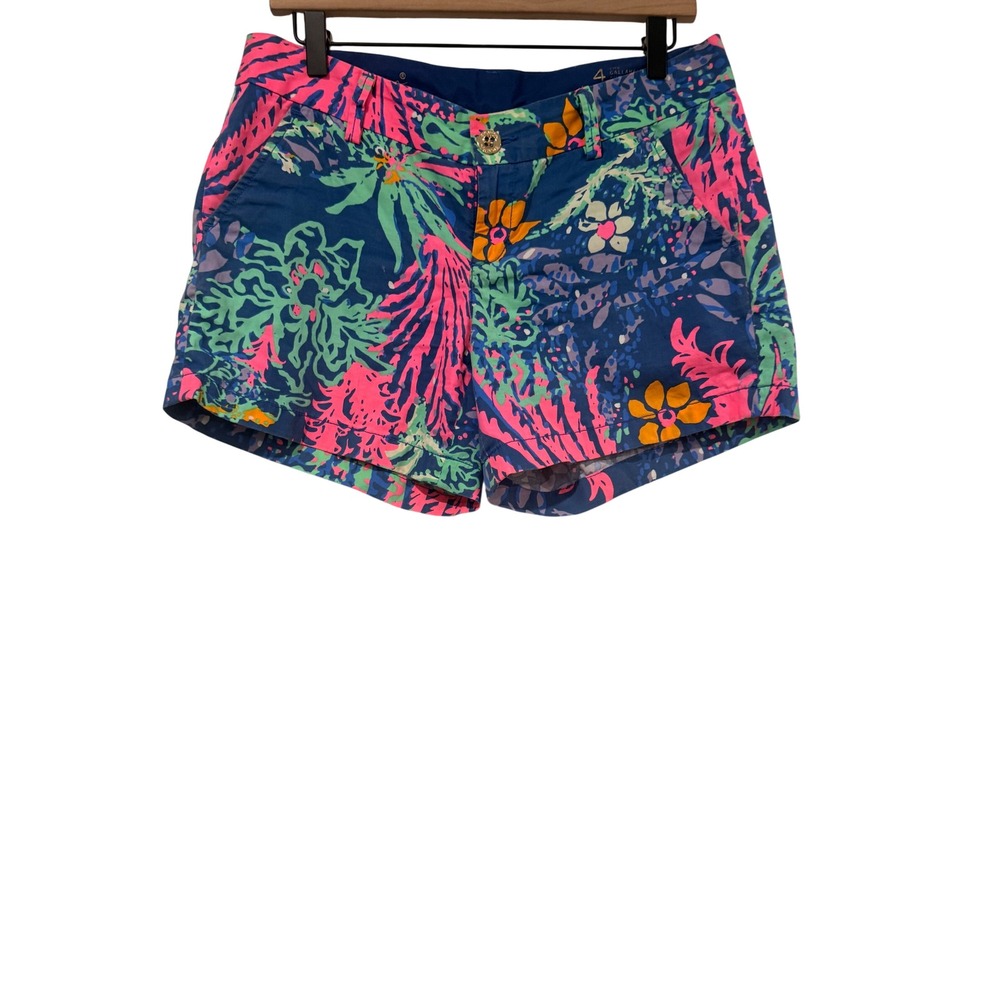 Lilly Pulitzer Callahan Shorts 4 Blue Pink Floral Coral Reef Print 5 Inch Inseam
